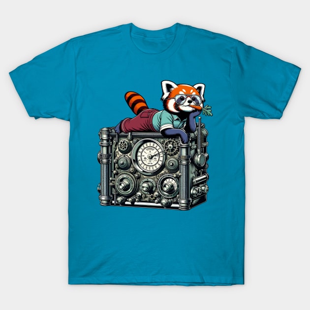 Red Panda Relaxing on Vintage Radio - Unique Digital Art T-Shirt by TimeWarpWildlife